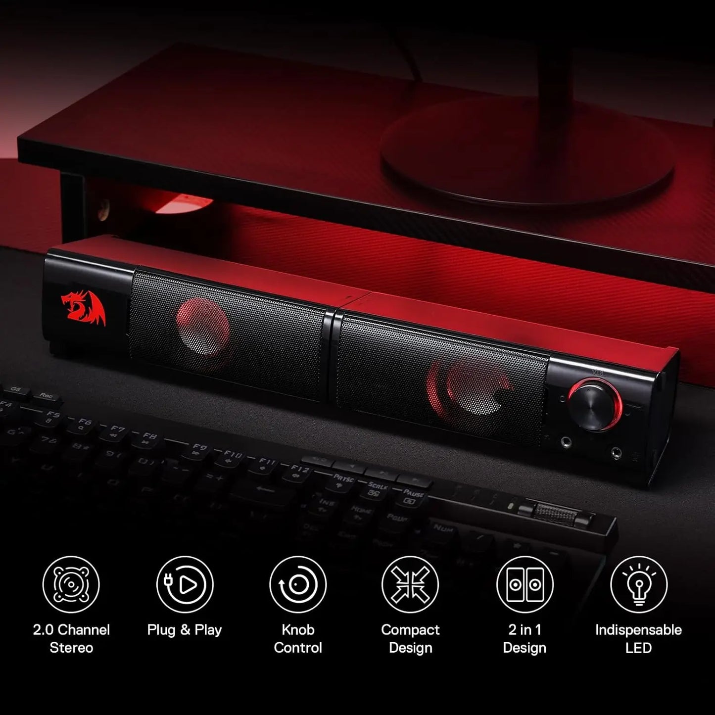 2.0 Channel PC Gaming Soundbar Speakers – Red Backlight